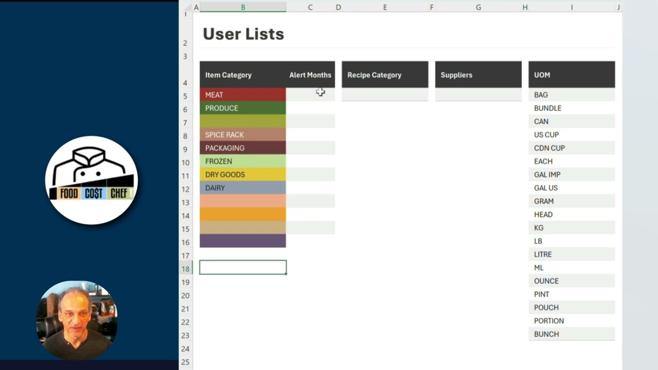 User List Set Up for the Food Cost Calculator