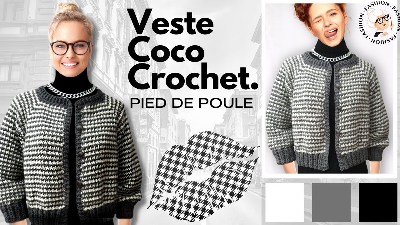 🧶  VESTE COCO PIED DE POULE TOP DOWN TOUTES TAILLES AU CROCHET 🧶TUTO pas a pas facile @Mamie Crochet