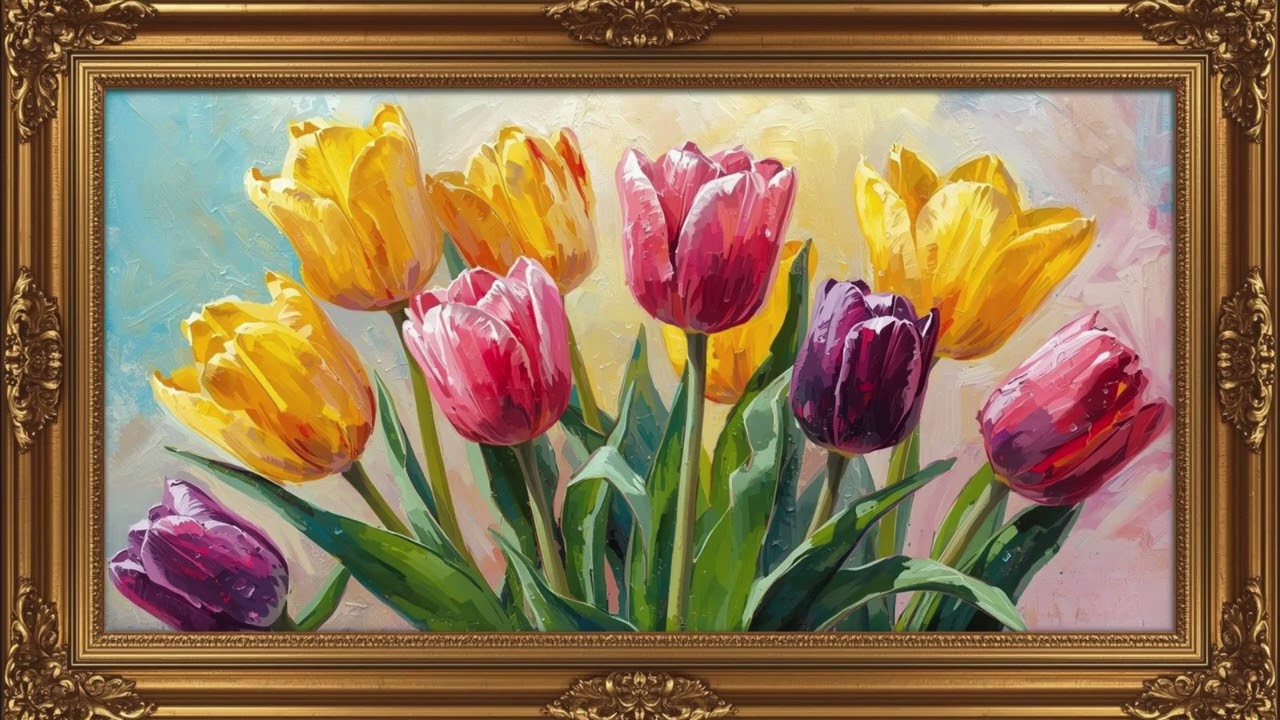 Spring Tulip Field Painting | TV Art Screensaver | 2 Hours Framed Painting | TV Wallpaper | 4K