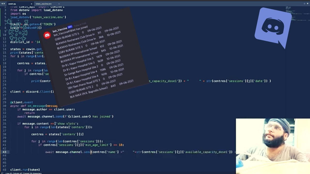 Building a Discord Bot with cowin api to get information about vaccine availability using python