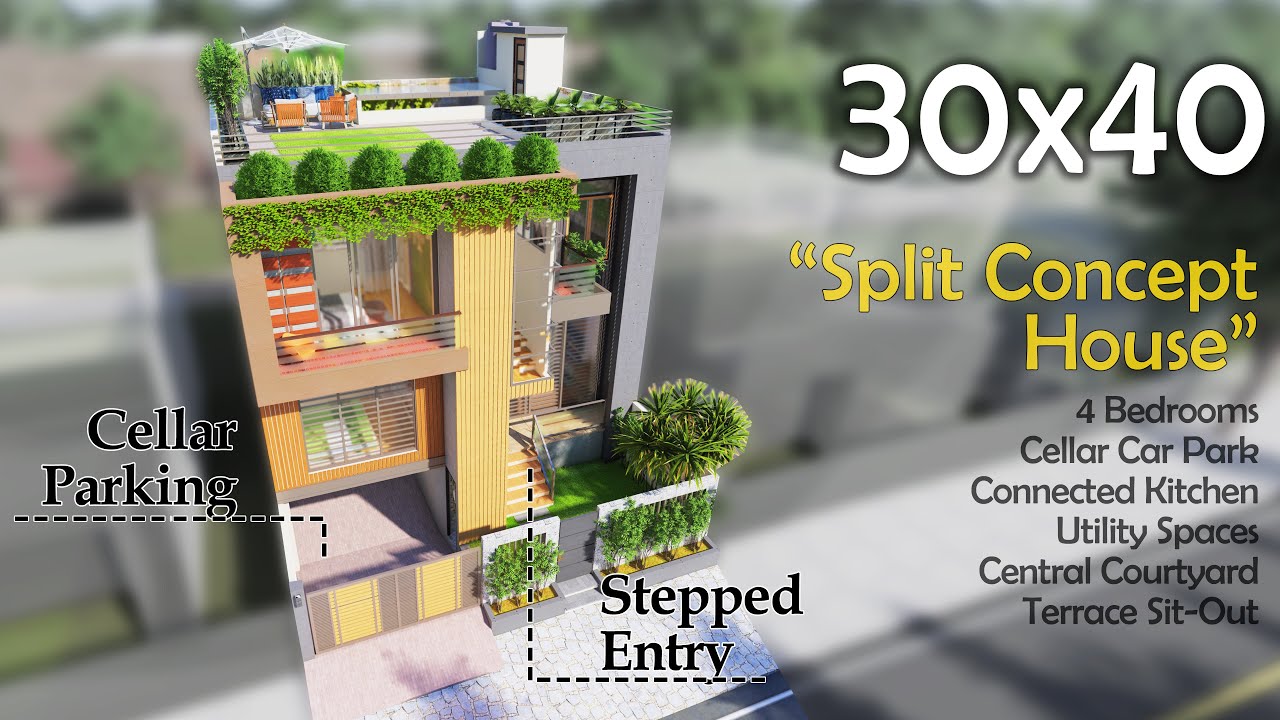 30X40 футов | 1200 кв. футов | Ступенчатый дом с полуподвальной парковкой и центральным внутренни...