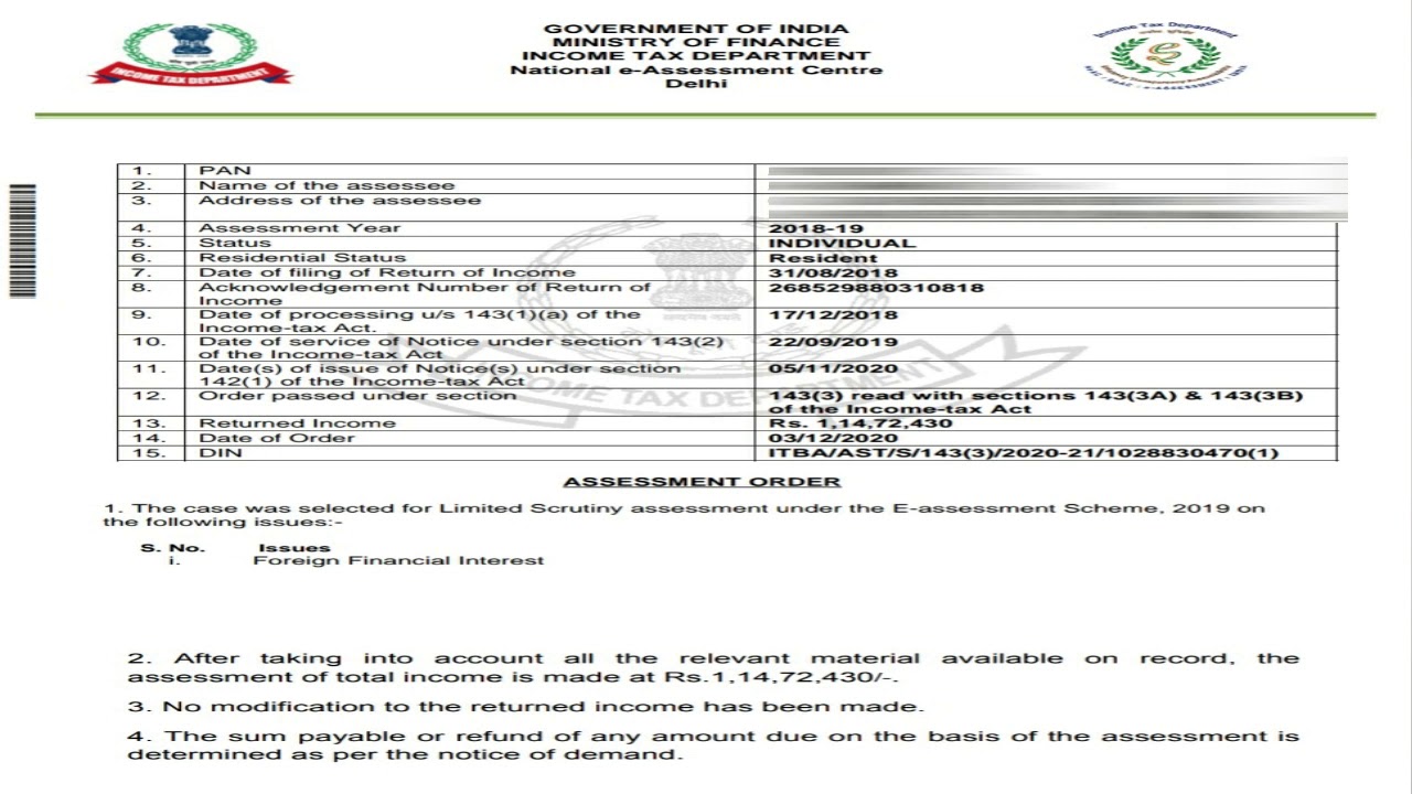 Assessment Order by National e-Assessment Centre | AY 2018-19 | Income Tax