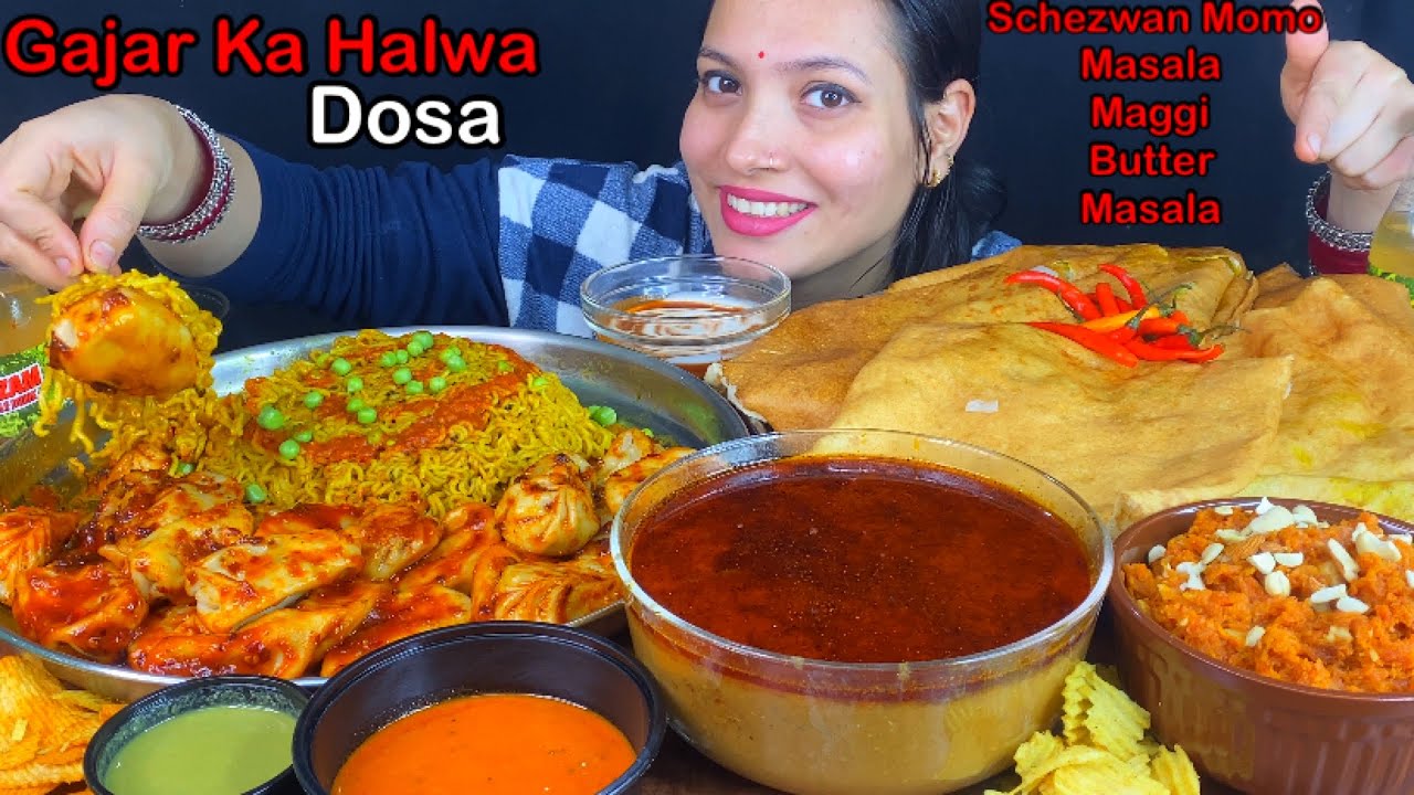 Eating Spicy🔥 Schezwan Momo, Masala Maggi, Butter Paneer Masala, Aloo Masala Dosa, Gajar ka Halwa