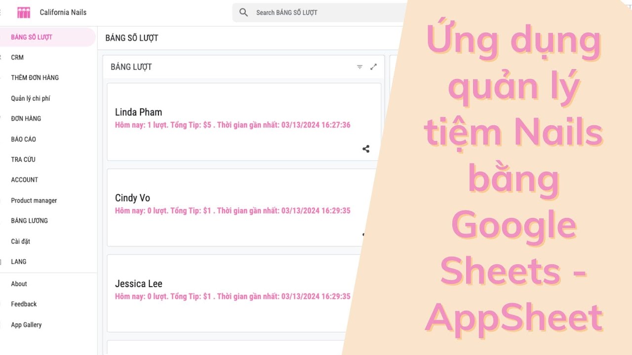 Ứng dụng quản lý tiệm Nails Spa bằng Google Sheets - AppSheet miễn phí