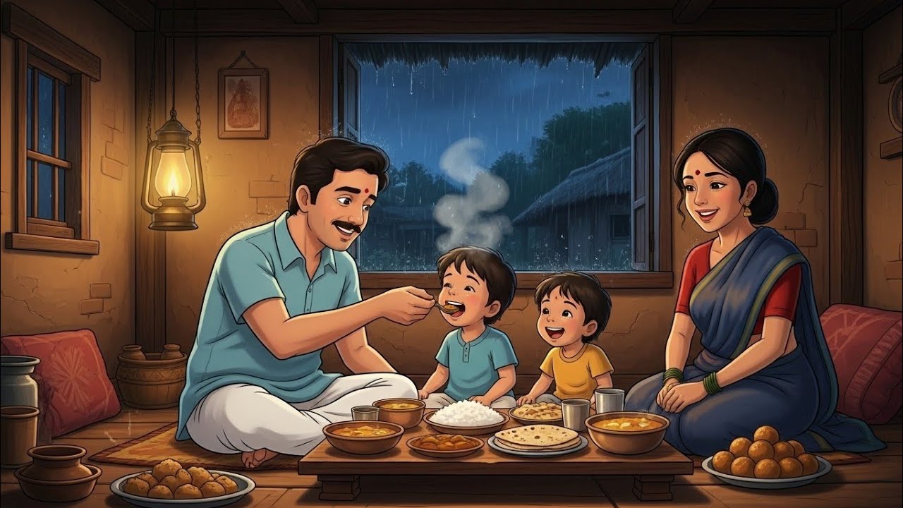 Traditional Indian Dinner Feast Preparation During Mountain Storm, Village Cooking Ghibli Style ASMR