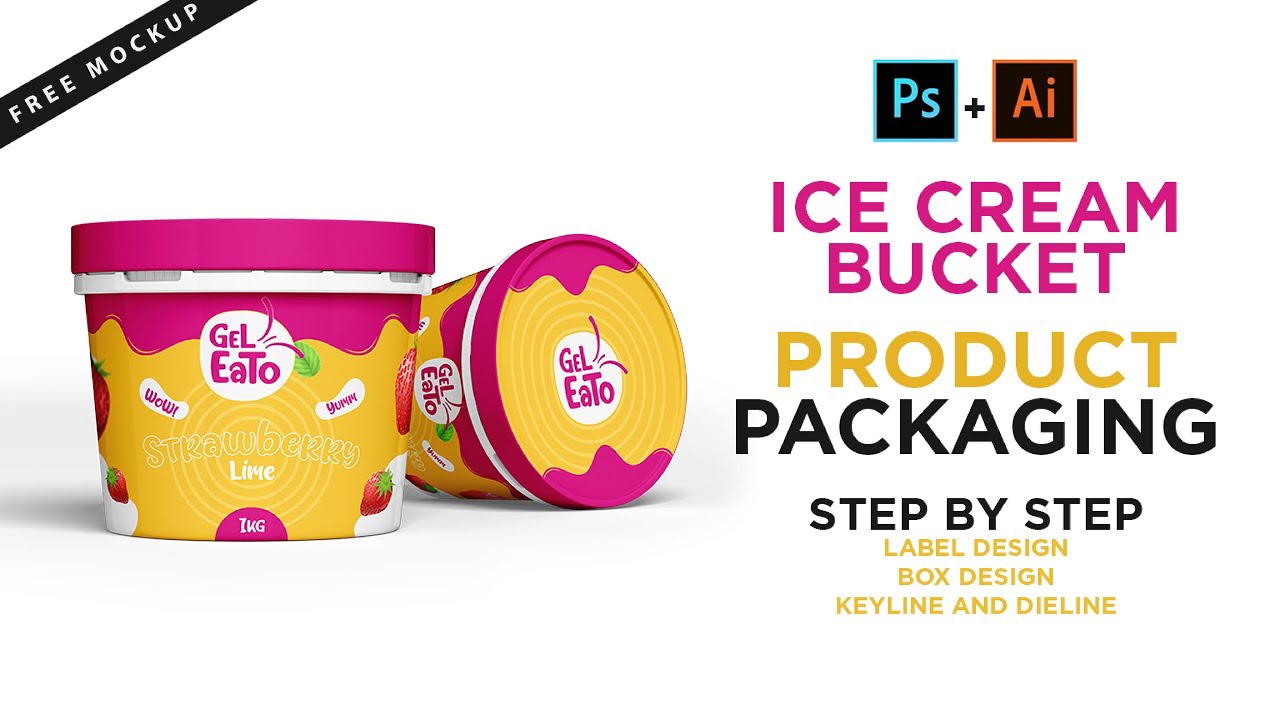 Ice-Cream Bucket Product Packaging Design in Illustrator/Photoshop | 3D Bucket Mockup