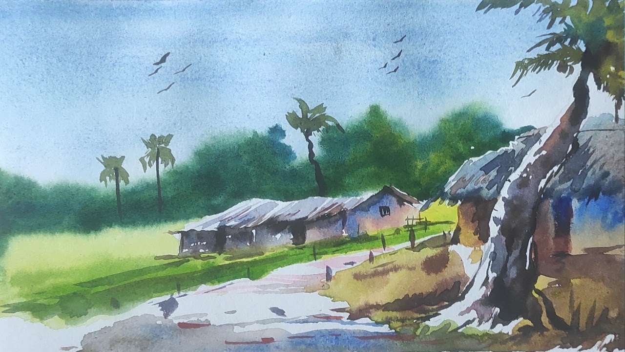 Beautiful Watercolour Landscape Painting For Beginners | Nature Art | Village Painting | Village Art
