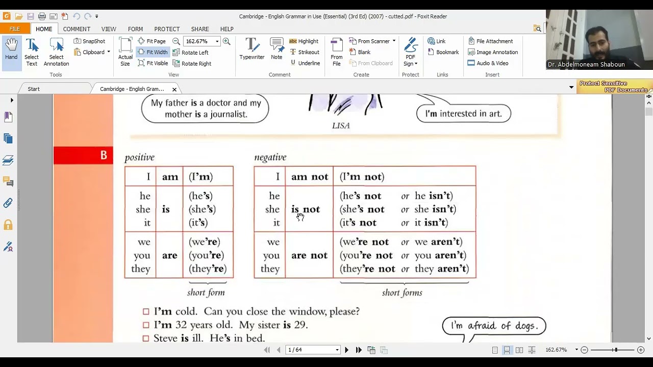 Cambridge- English Grammar in Use (Essential): Unit 1 شرح قواعد اللغه للمبتدئين الوحده الاولى