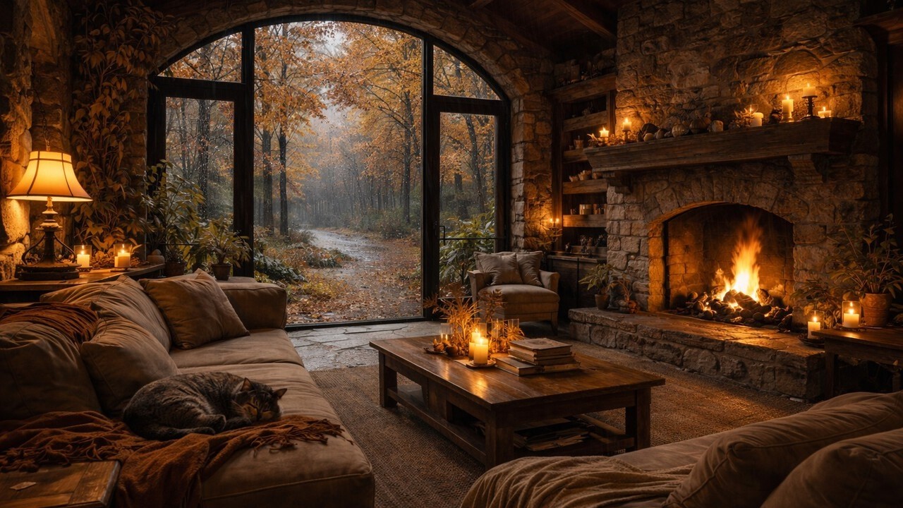 Cozy Autumn Stone House 🍂 🔥 | Fireplace, Sleeping Cat & Calm Piano Ambience (2 Hours-4K)