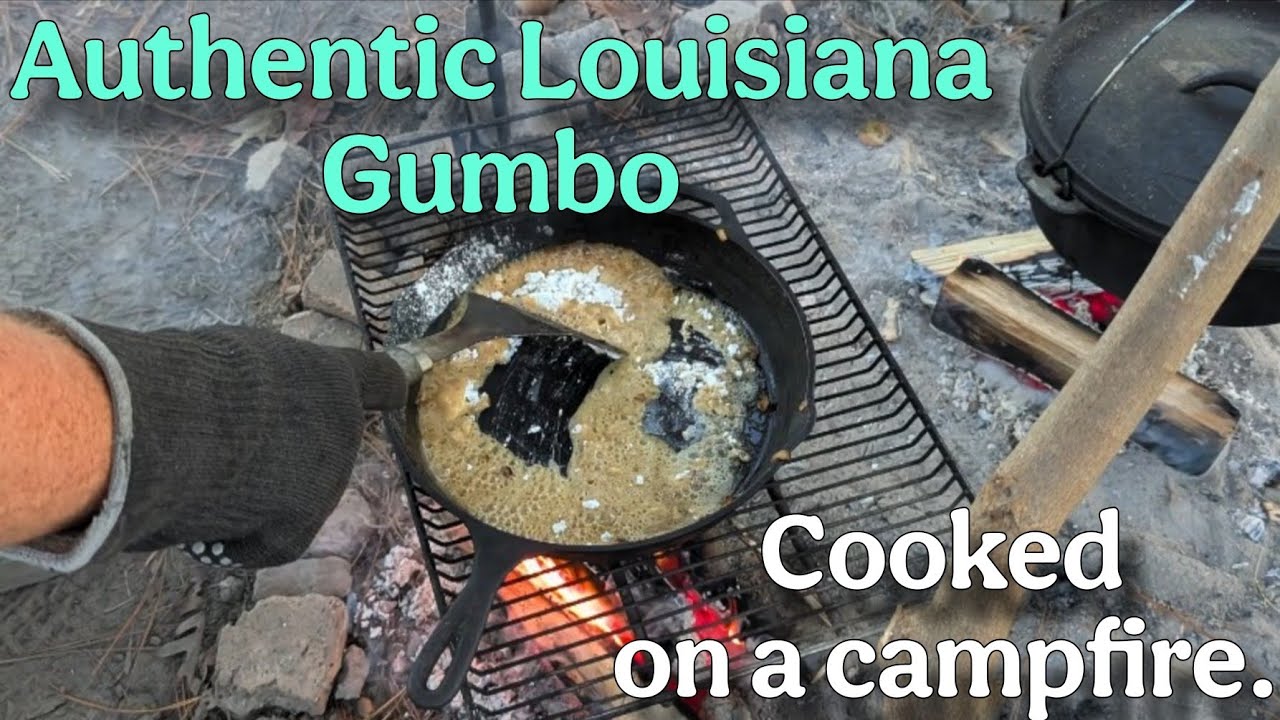 Reverse Gumbo Cooked in Cast Iron Over a Campfire. 