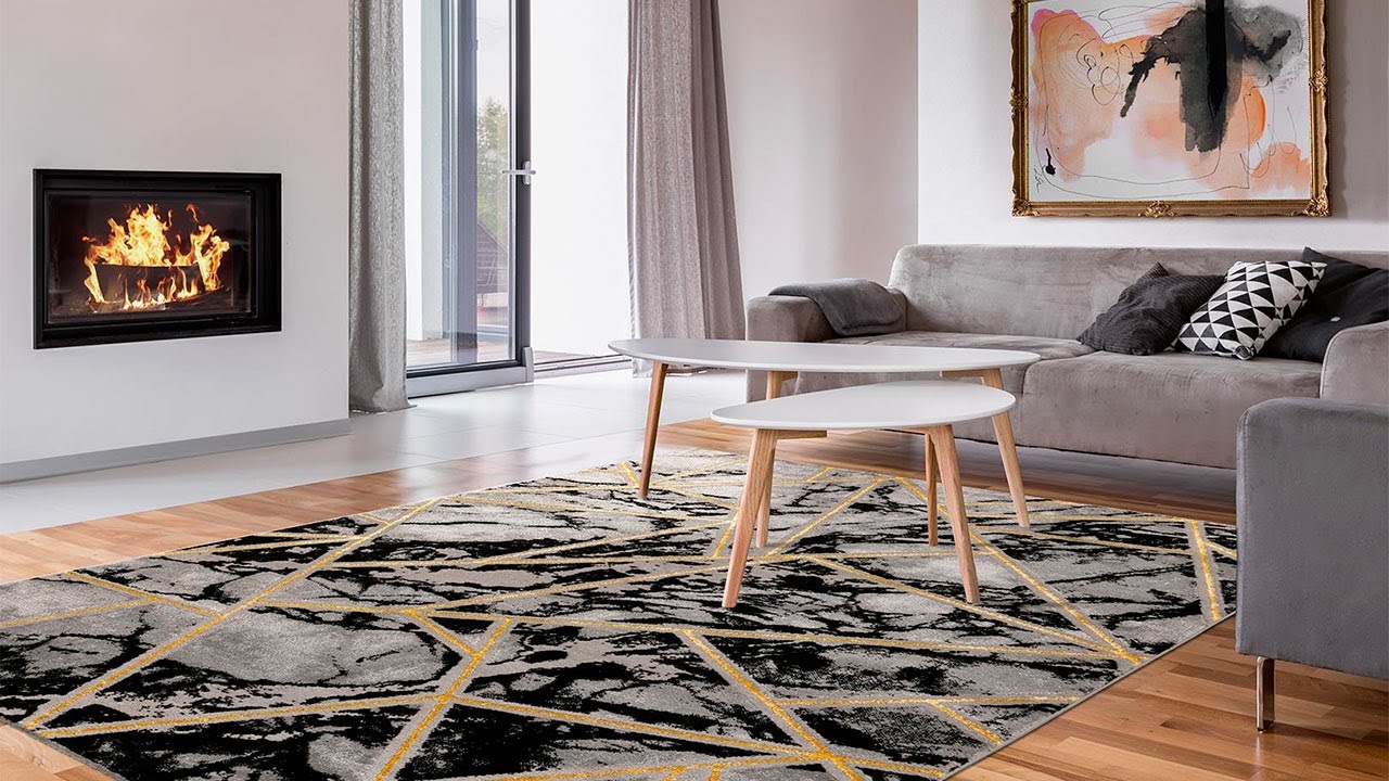 Tapis graphique marbr&eacute; scandinave pour salon Solna