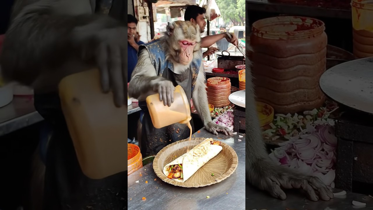 Unique dish😱 monkey chef pouring source on Kati roll #shorts #new #monkey #food #content