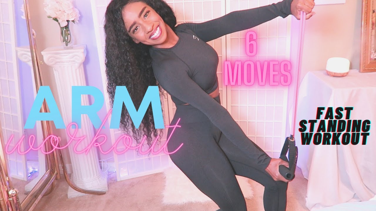 6 Moves to Tone your ARMS, BACK, SHOULDERS | Resistance Tube Band Home Workout STANDING, no anchor