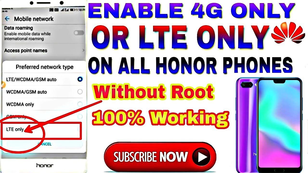 Enable 4G/LTE only on honor 5x,6x,7x,8x,9x,9n,9lite or any Huawei honor devices.NO root needed.