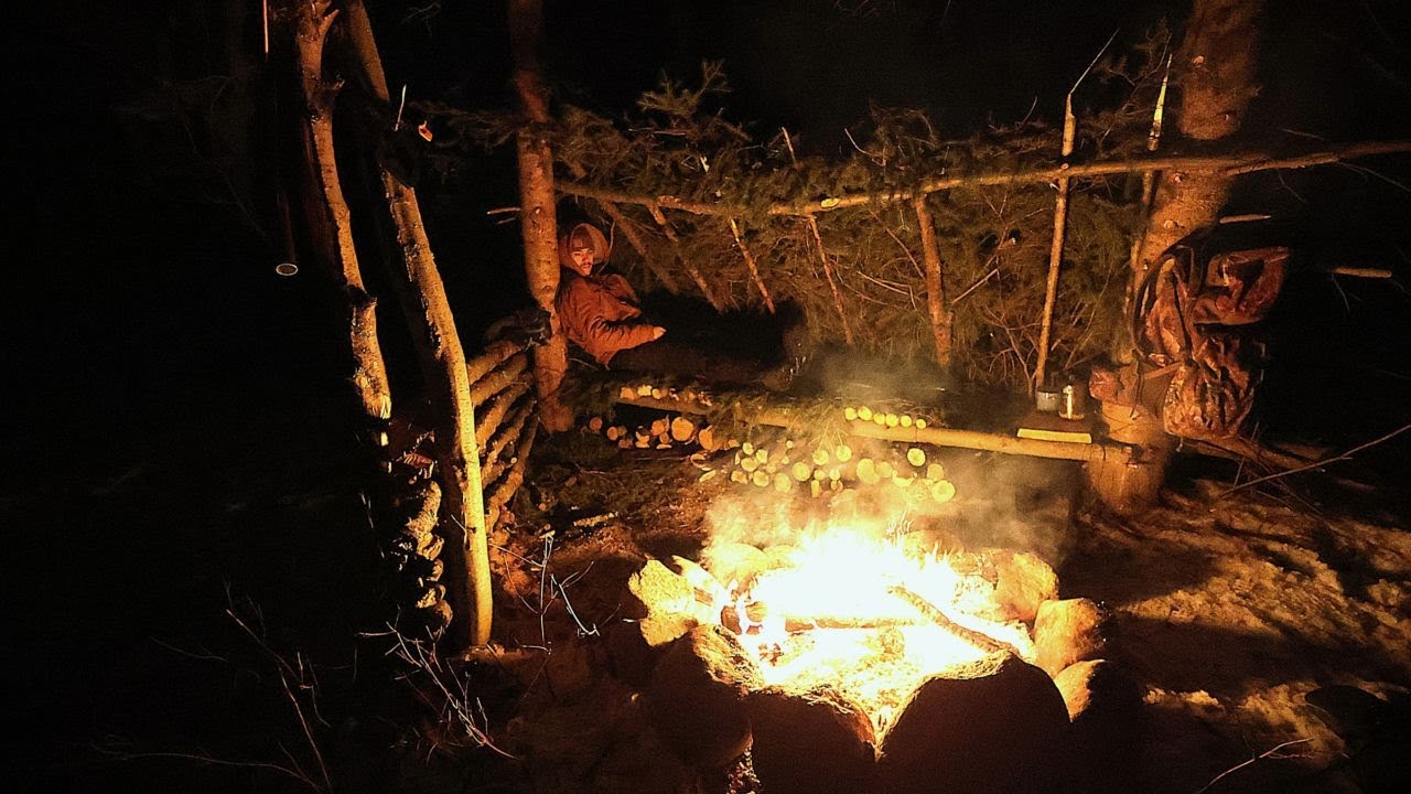 No tent, No sleeping bag - Extreme Winter Camping (Bush Craft Shelter)