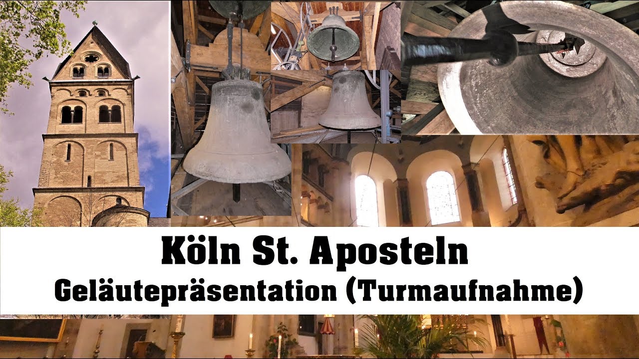 KÖLN (D), St. Aposteln, Sterbeglöckchen, Glocke 1 (g°) und festliches Vollgeläute (Turmaufnahme)