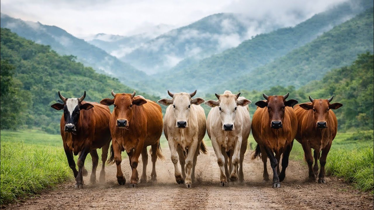 Accompanying a herd of horned cows that were marching neatly through the forest towards 