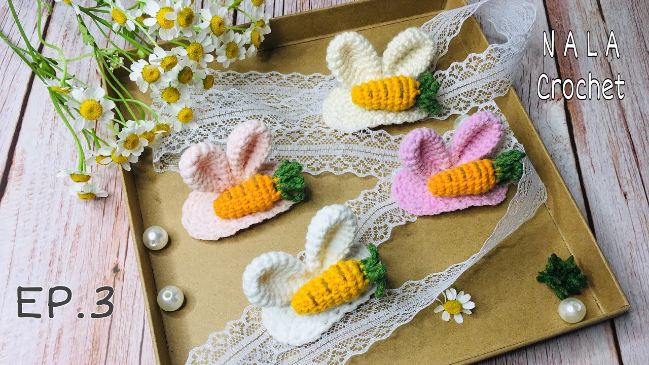 Diy crochet hair clips( English subs )EP.3 🥕สอนถักกิ๊บติดผมหูกระต่าย แครอท