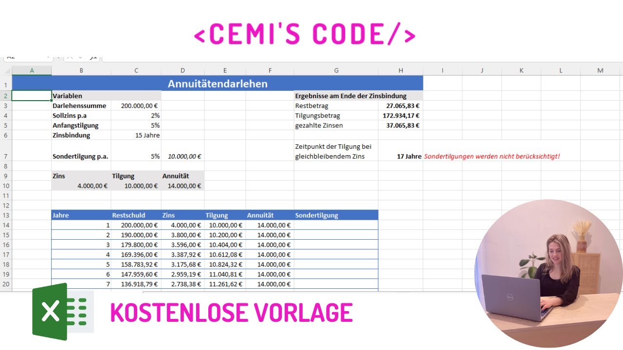 Excel Annuitätendarlehen – Tilgungsplan mit Sondertilgung und Zinsbindung– kostenlose Vorlage