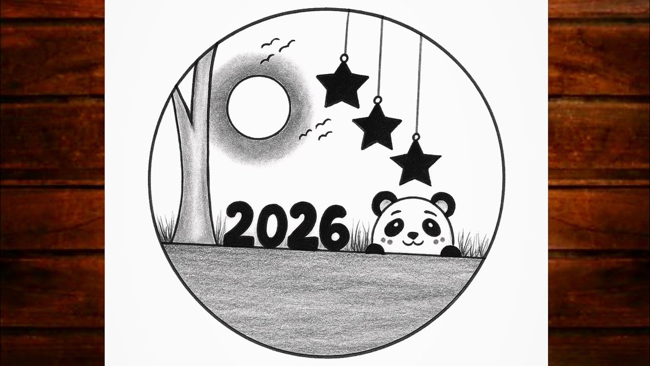 Happy New year 2026 drawing | New year drawing 2026 | Easy circle scenery drawing for beginners
