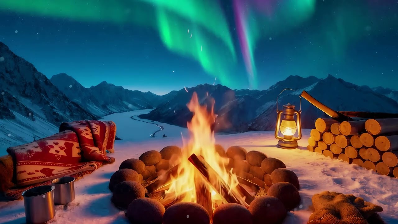 4K Aurora Campfire Ambience 🔥 Lights Over Frozen Lake & Mountains | 10 Hours Winter Sounds for Sleep