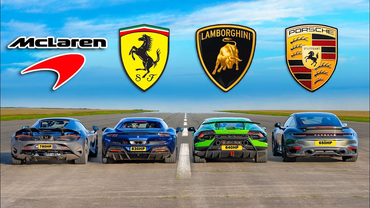 페라리 296 GTB vs 맥라렌 750S vs 우라칸 퍼포만테 vs 911 터보 S - 드래그 레이스!