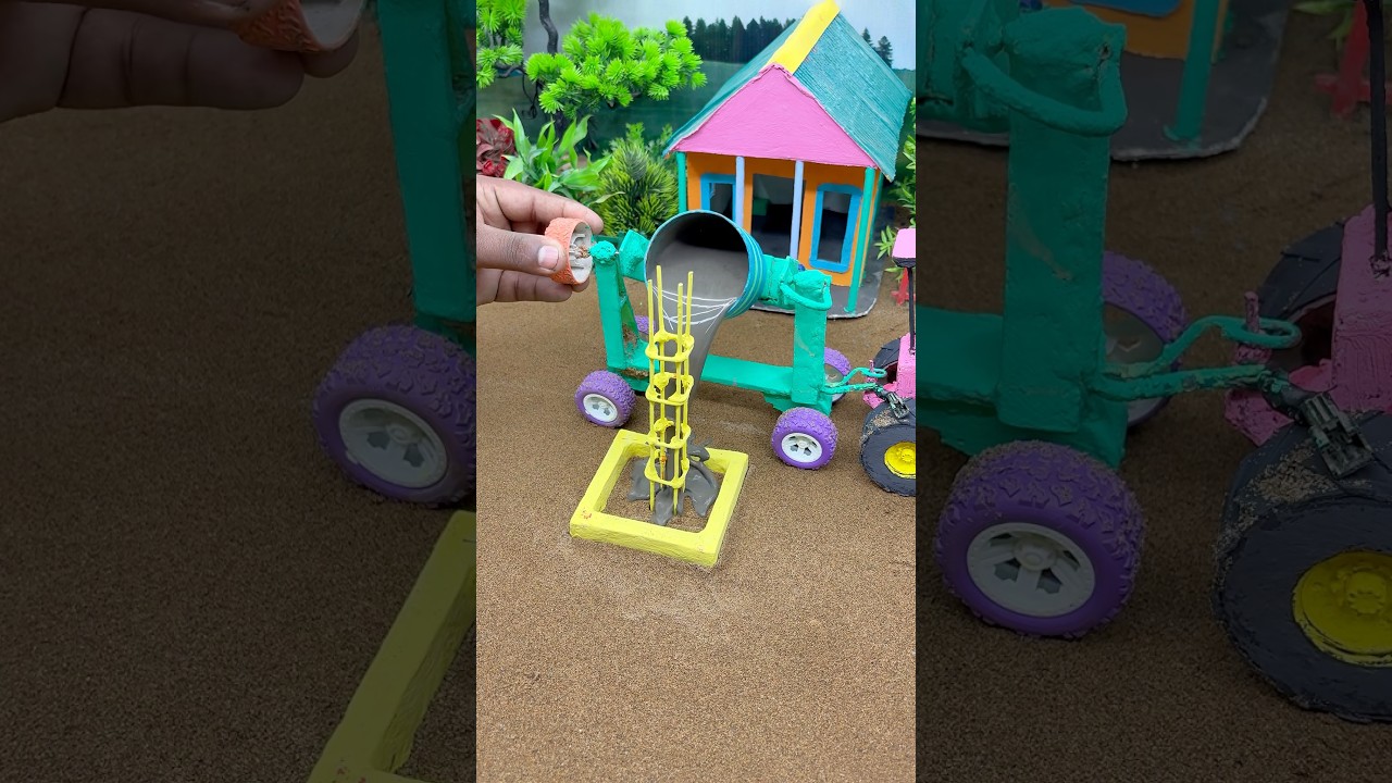 DIY Mini Tractor Pouring Concrete Pillar 🚜 Tiny Construction Machine at Work #shorts
