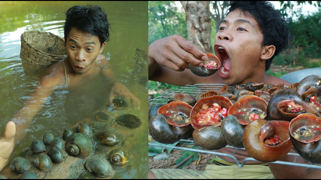 survival in the rainforest - cooking snale Eating delicious