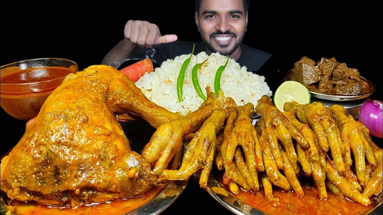 Eating Spicy Chicken Feet Curry with Mutton Liver Curry | Chicken Leg Curry & Rice Mukbang