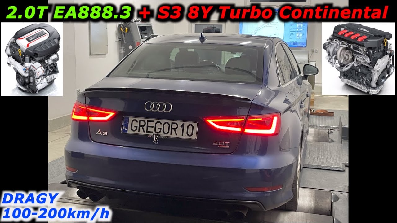 Audi A3 S3 8V 2.0T EA888.3 + EVO4 Continental Turbo S3 8Y / Golf 8R DYNO + Dragy Times 100-200 км/ч