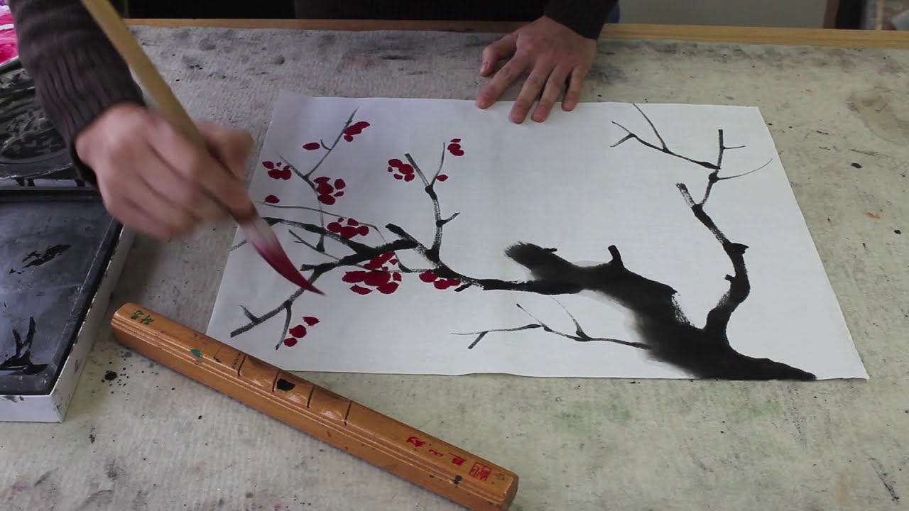 Pflaumenblüte Rot: Ostasiatische Tuschmalerei(Asian ink wash painting), Sumi-e