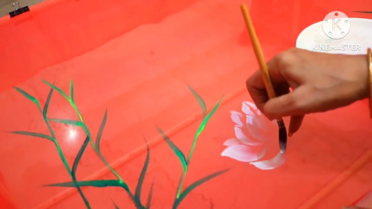 Beautiful Lotus on an Organza saree with Mop brush || Fabric Painting-142 || JLPraphulla