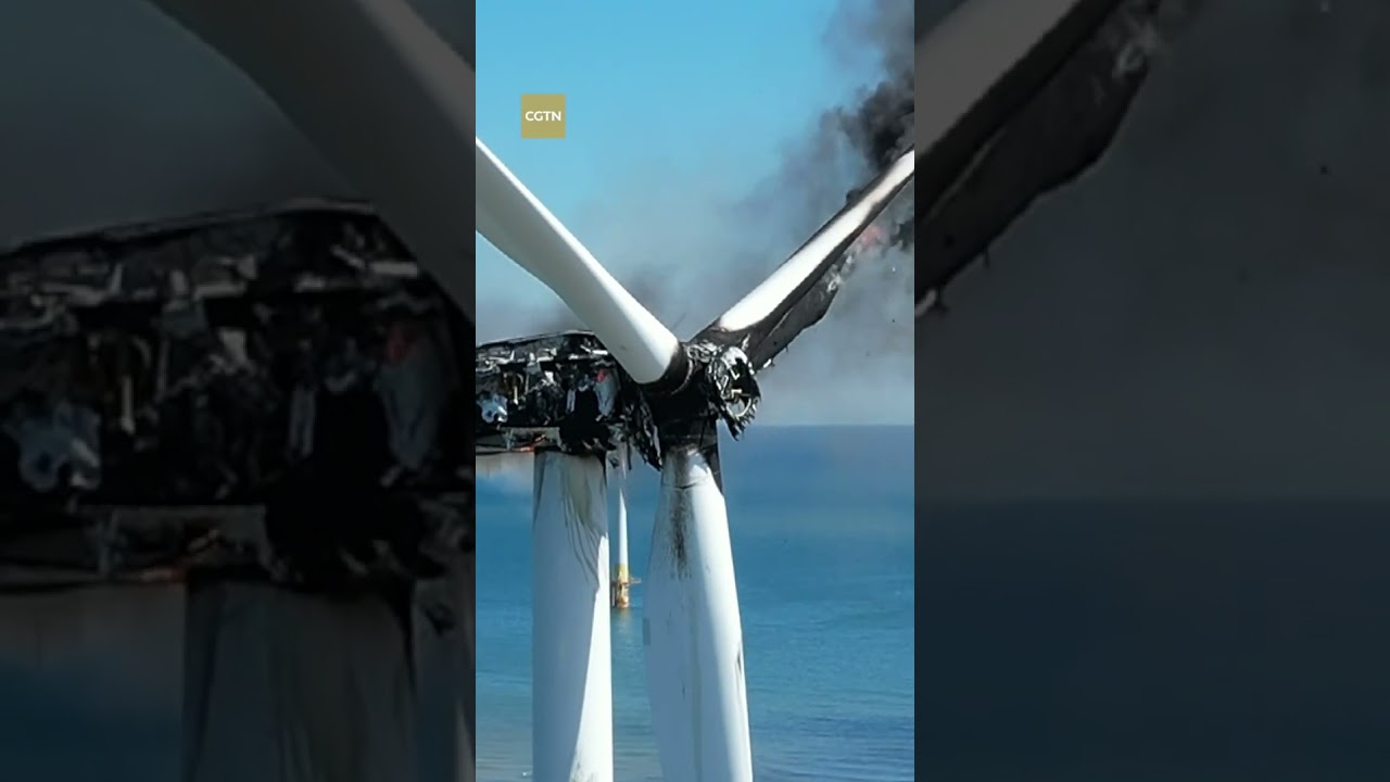 Wind turbine catches fire off coast of England