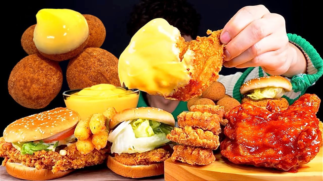 ASMR 맘스터치 싸이버거🍔양념 통닭다리🍗너겟 치즈스틱 치즈소스찍먹방 Chicken Burger With Sweet Chicken Nuggets Cheese Ball MuKBang