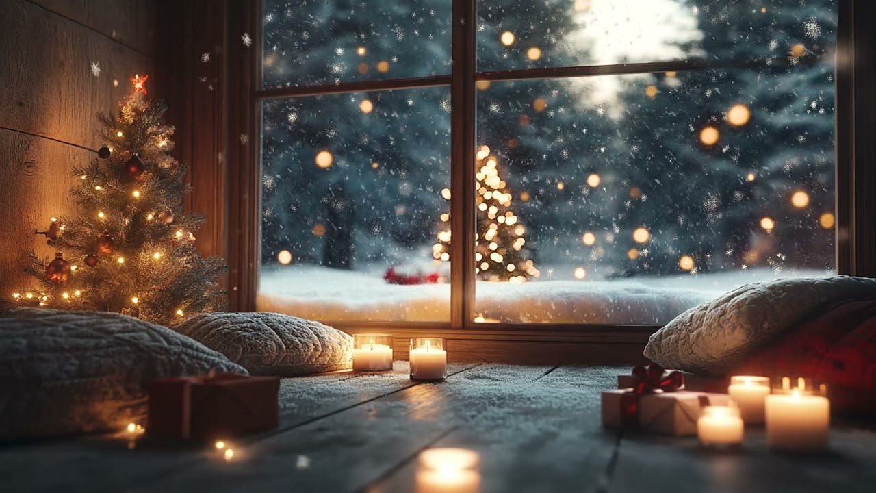 Christmas Night Jazz  Cozy Holiday Window Scene with Tree Lights & Gifts  Midnight Jazz Harmony