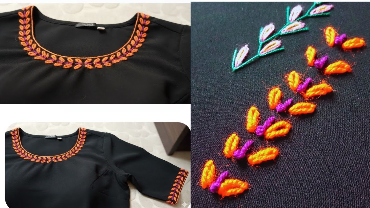 Быстрая вышивка горловины и рукавов с аккуратной отделкой.