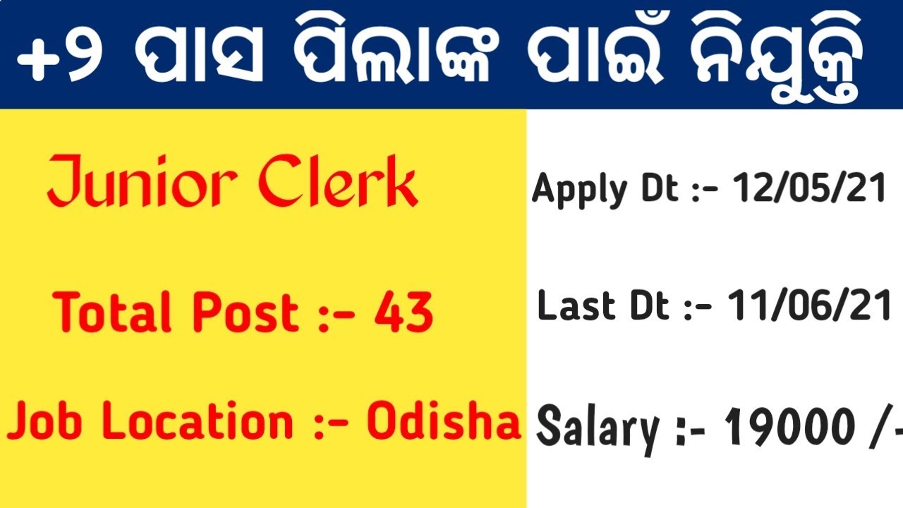 Junior Clerk Vacancy | 43 Government Job Vacancy | +2 Pasa Job | Job Location Odisha