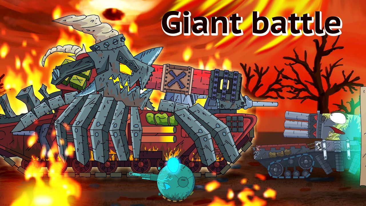 Batalla gigantesca contra enemigos. Mundo de tanques animados. Dibujos animados de tanques.