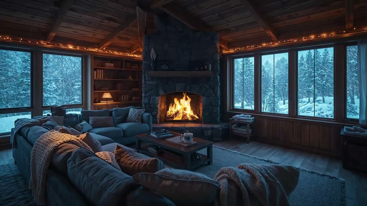 Snowy Chalet Living Room Retreat | Fireplace Glow & Quiet Winter Forest