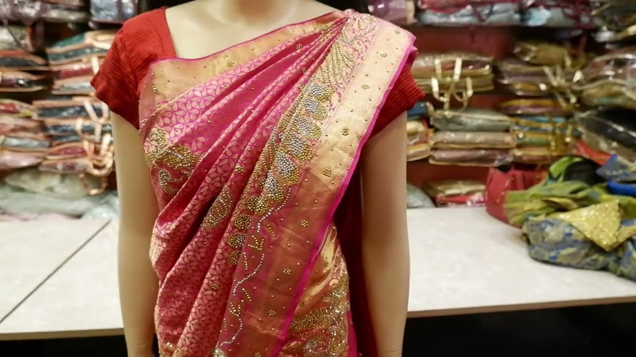 Pink Stone Work Silk Sarees | Peacock Design Stone Sarees | Shashini Pondicherry