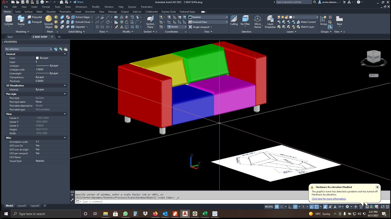 AutoCAD 3D tutorial : How to draw a sofa