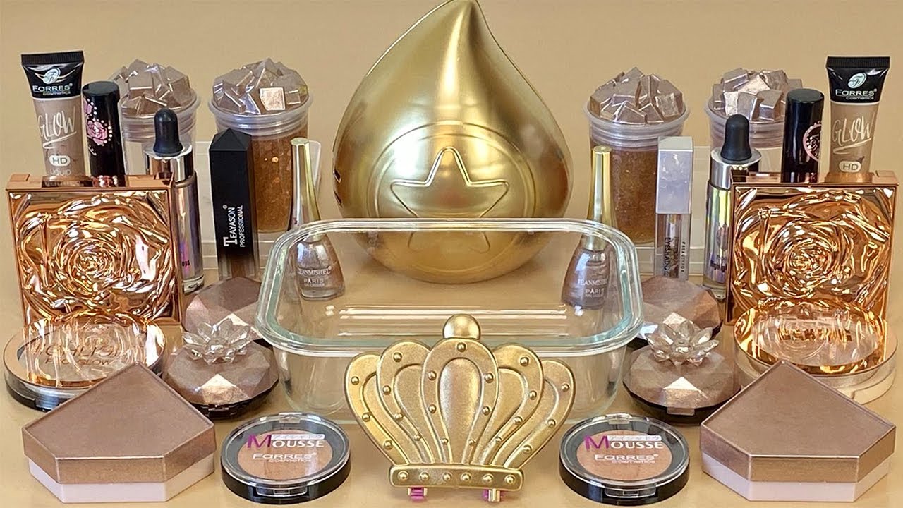 ASMR Slime 💟💛 Mixing &rdquo;Rose GOLD&rdquo; makeup, Eyeshadow, glitter into slime. Satisfying slime video.