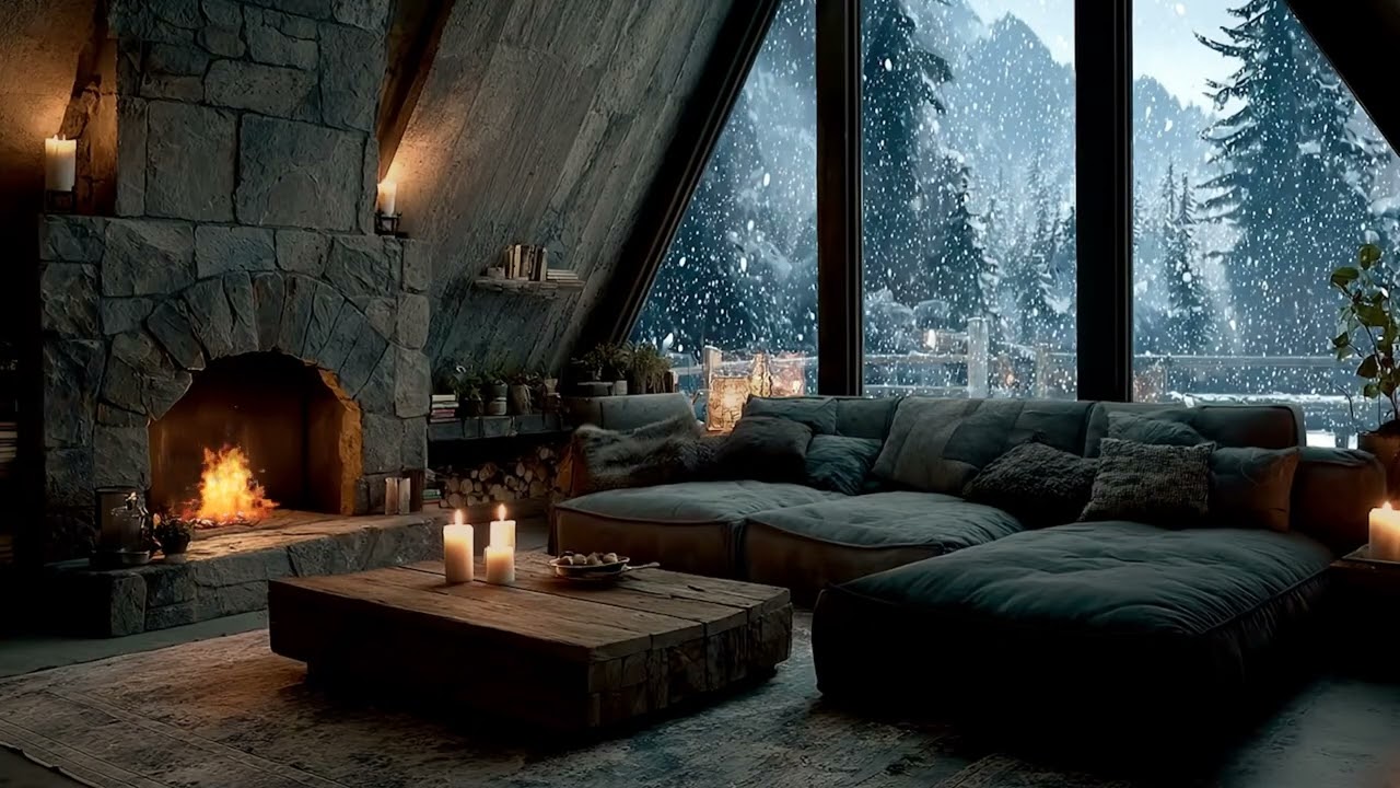 Warm Winter Night Ambience  Fireplace Crackle & Snowstorm Outside for Peaceful Sleep
