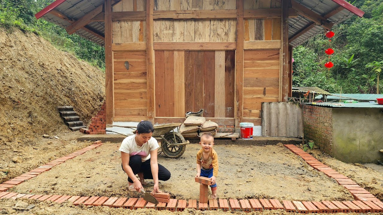 Harvesting bamboo shoots for sale and pouring concrete for the foundation of a new kitchen.