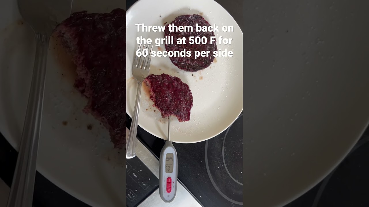 Bison Burgers - 165 F on the pellet smoker, then sear 45-60 seconds per side. 