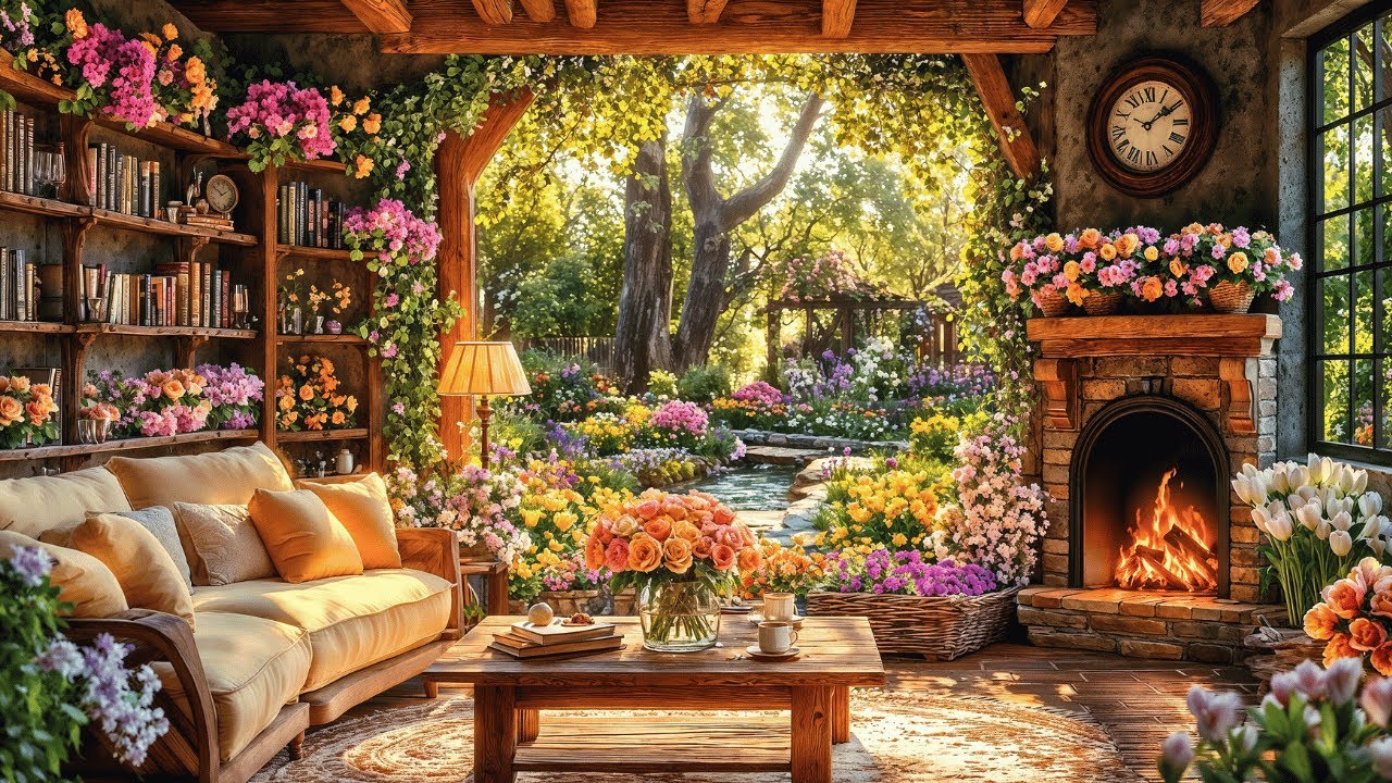 🌿 Spring Garden Jazz – Cozy Bossa Nova with Birdsong & Crackling Fireplace for Work, Relaxing 🔥🐦🎶