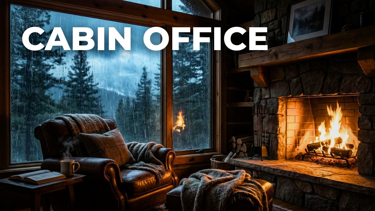 Cabin Office Night Shift. Heavy Rain + Fireplace [NO TALKING]. 🌧️