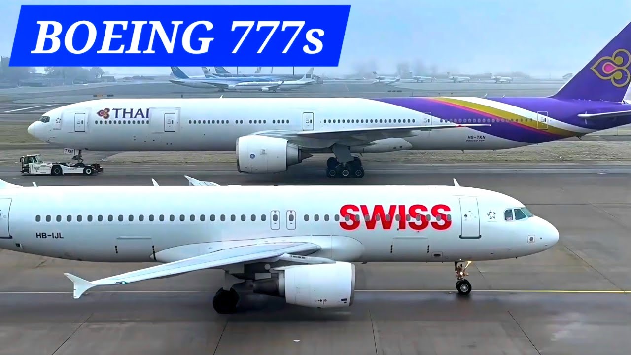 Thai Airways and Swiss Boeing 777 aircrafts taxiing from terminal