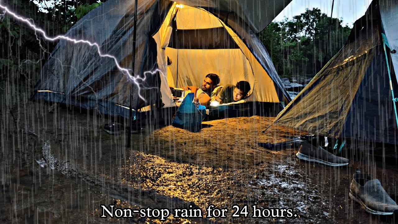 Group camping in the heavy rain and thunder storm|| relaxing ASMR sounds|| 24 hours rain.