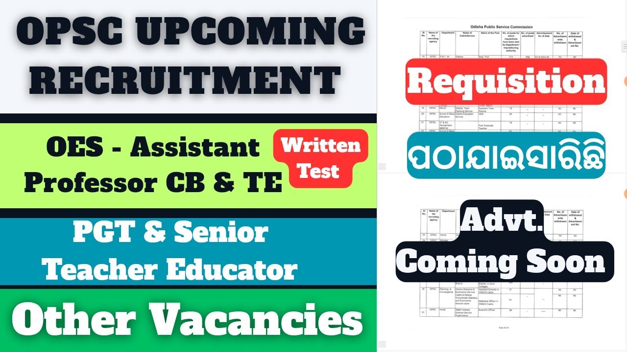 OPSC Upcoming Recruitment I PGT & Assistant Professor (CB & TE)Senior TE & Other Vacancies & Written